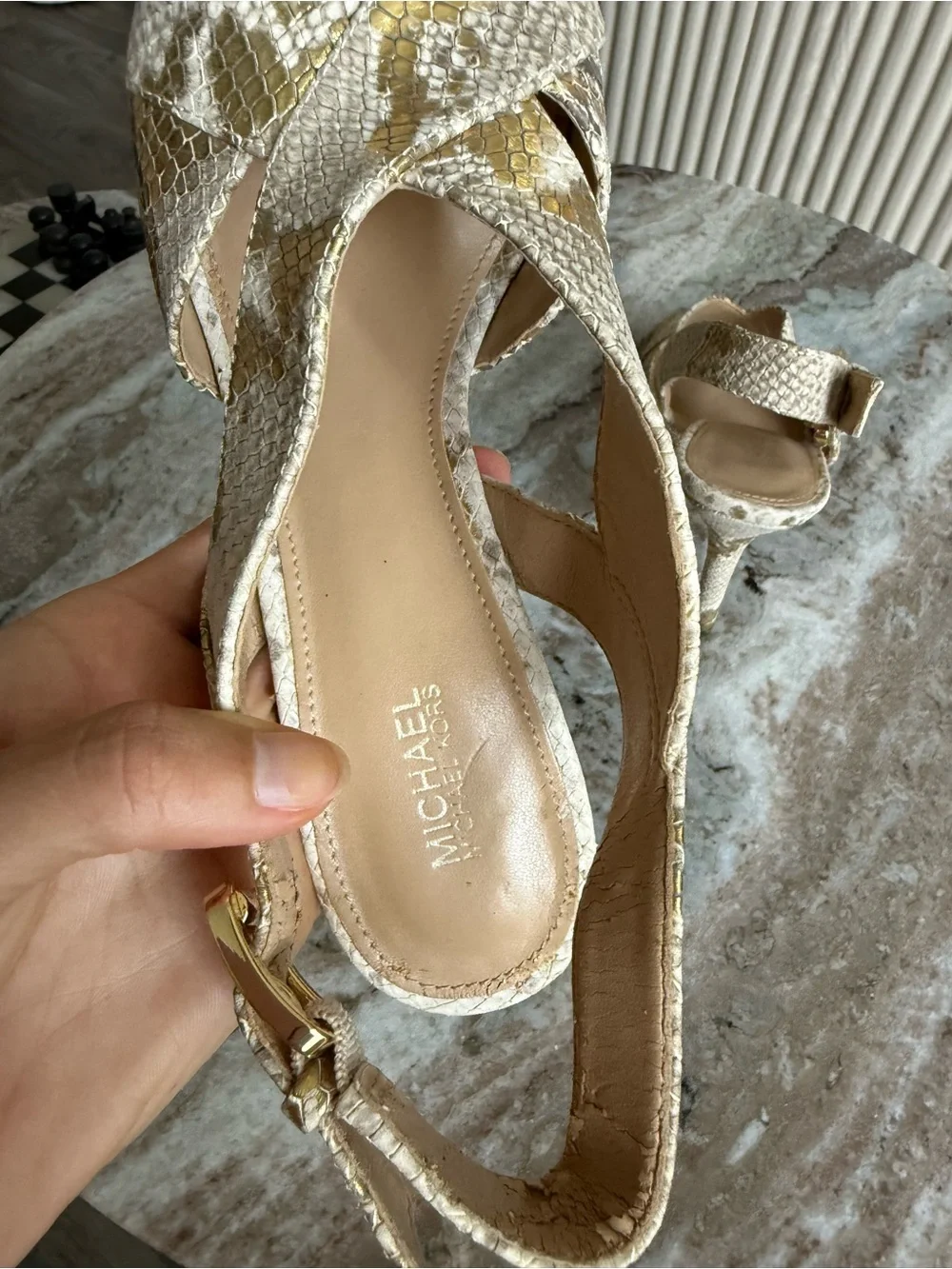 Michael Kors Becky Metallic Snakeskin Slingback Heels Gold Sandals 7.5